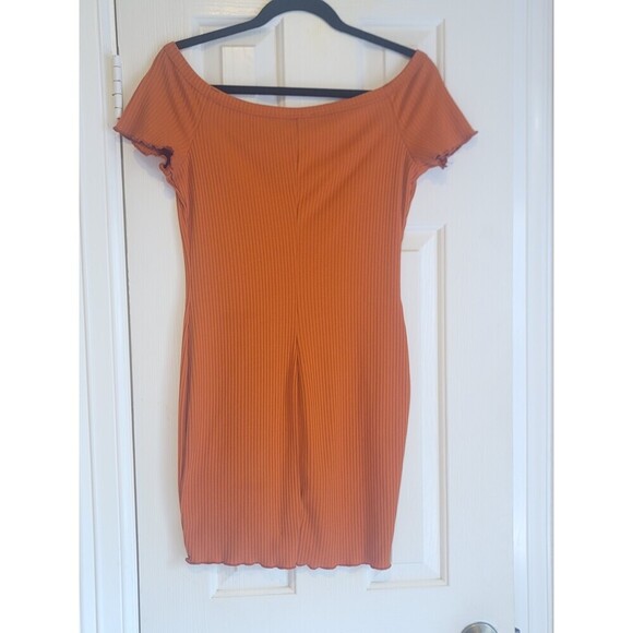 Rust Orange Ribbed Off-Shoulder Bodycon Mini Dress Size Large - Picture 2 of 10